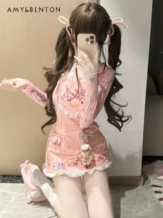 

2025 Summer New Japanese Soft Girl Sweet and Cute Two-dimensional Pink Strap Skirt Long-sleeved Printed Top Set