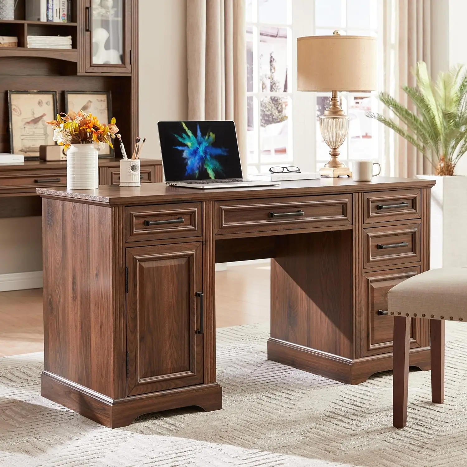 Desk, Farmhouse Computer Desk with Drawers and Cabinet, Embossed Texture Home Office Desk, Workspace for Work Study Writing, Dar