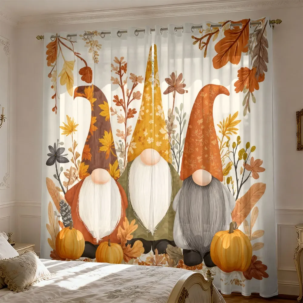 2pcs autumn pumpkin gnome floral and grass decorative curtain for living rooms and bedrooms