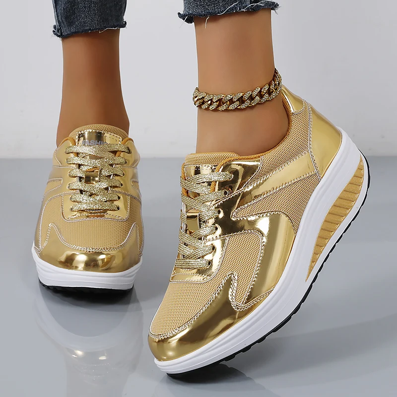 Thick Sole Women Casual Shoes Breathable Fashion Sneakers Female Walking Shoes Zapatos Mujer Gold Womens Shoes Girls Big Size 42