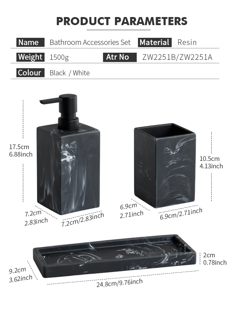 Bathroom Accessories Complete Marble Pattern Lotion Soap Dispenser,Toothbrush Holder,Tumbler,Tray Resin material Black white