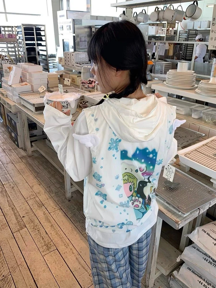 Y2k Aesthetic Cartoon Print Vest Hooded Coats Women Harajuku Casual Sleeveless Jacket Streetwear Drawstring Kawaii Cute Tops