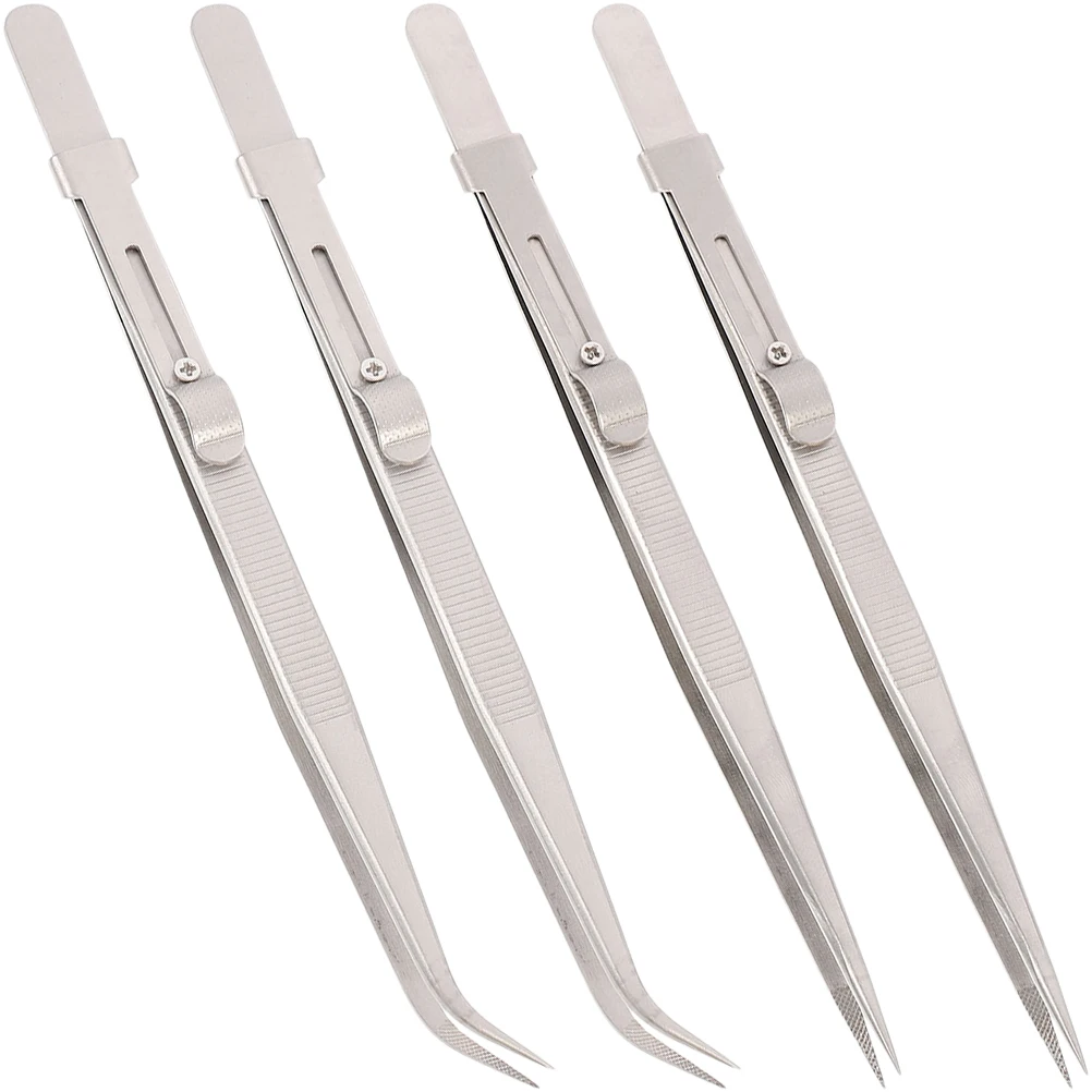 

4 Stainless Steel Tweezers Satin Edge Curved Tip Long Metal Jewelry Work Precision H crafting Industrial Electronics Lab Use