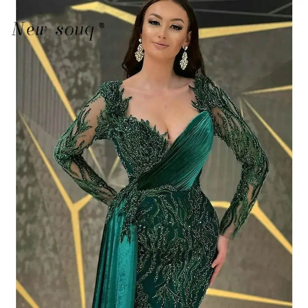 Arabic Emerald Green Long Sleeves Beaded Sequins Evening Dresses Elegant Mermaid Women Formal Occasions Prom Party Gowns