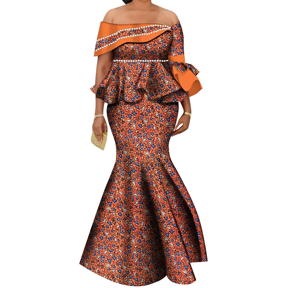 

BintaRealWax African Clothing for Women Spring Bazin Riche Skirt and Pearls Top Sets 2 Pieces Customize Clothes WY9600