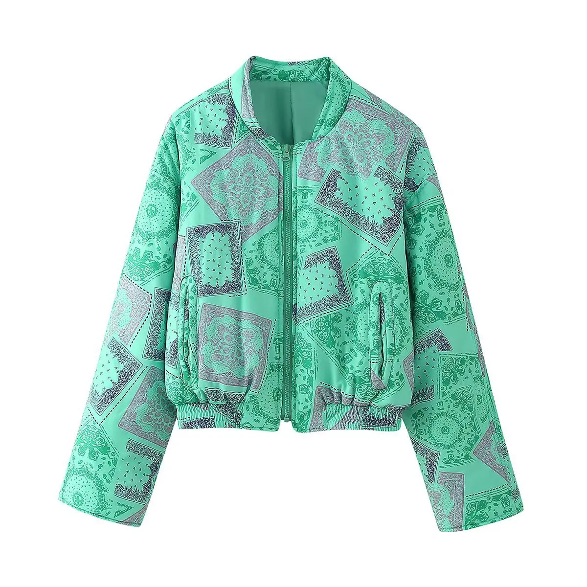 Autumn Women Ethnic Green Flower Print Stand V Collar Quilted Coat Elastic Hem Quilting Long Sleeve Short Bomber Jacket Outwear