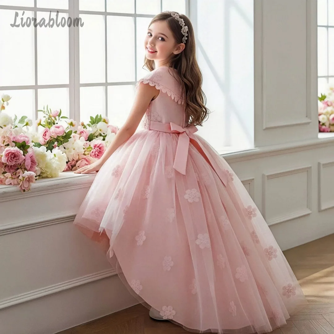 Gaun Formal Pink untuk Anak Perempuan dengan Ekor Panjang Asimetris, Gaun Pesta, Gaun Pengiring Pengantin, Gaun Pernikahan Berbahan Renda