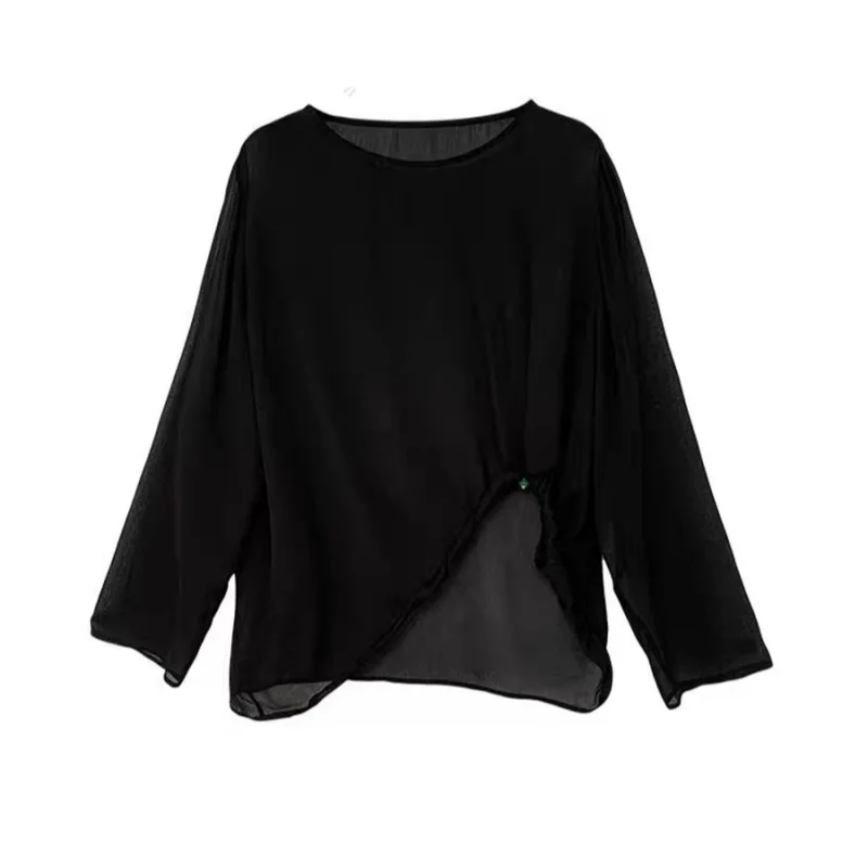 

Plus Size Chiffon Blouse Summer Sheer Mesh Long Sleeve Sun Protection Korean Fashion Office Lady Shirt Top