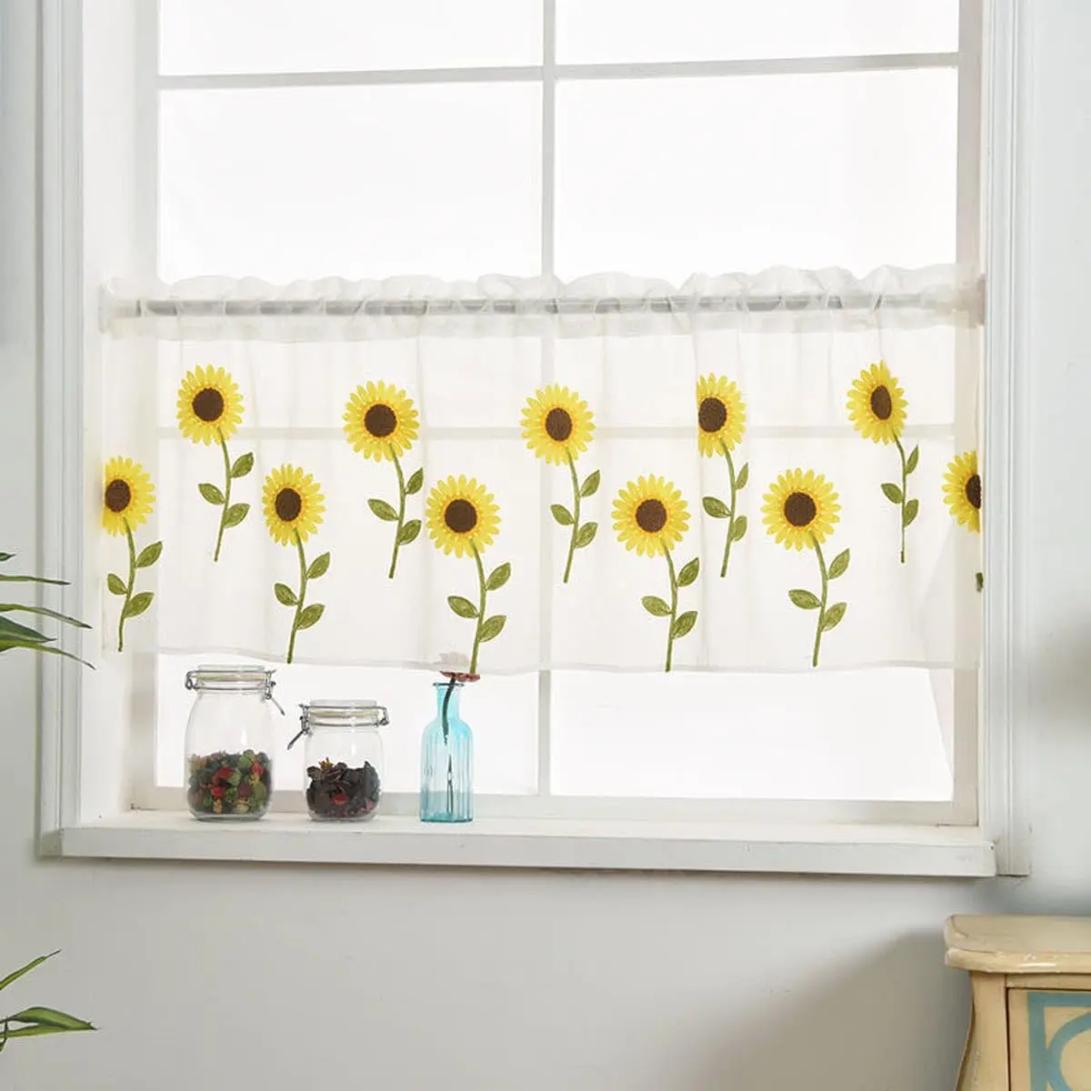 Halbtransparenter Vorhang-Volant für Fenster, Küche, Café, Sonnenblumen-Stickerei, Vorhang, Fensterbehandlung