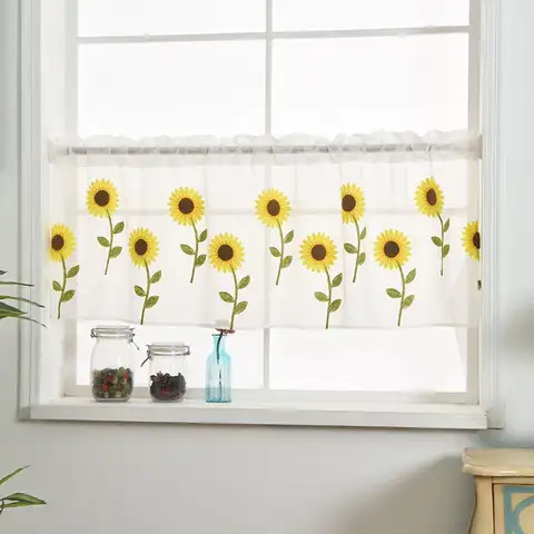 Windows 주방 카페용 반투명 커튼 밸런스, 해바라기 자수 커튼 창 처리