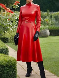 Spring Maxi Dresses for Women Mock Neck Red PU Leather Dress Woman Long Sleeve Slim Fit Elegant Dress With Belt