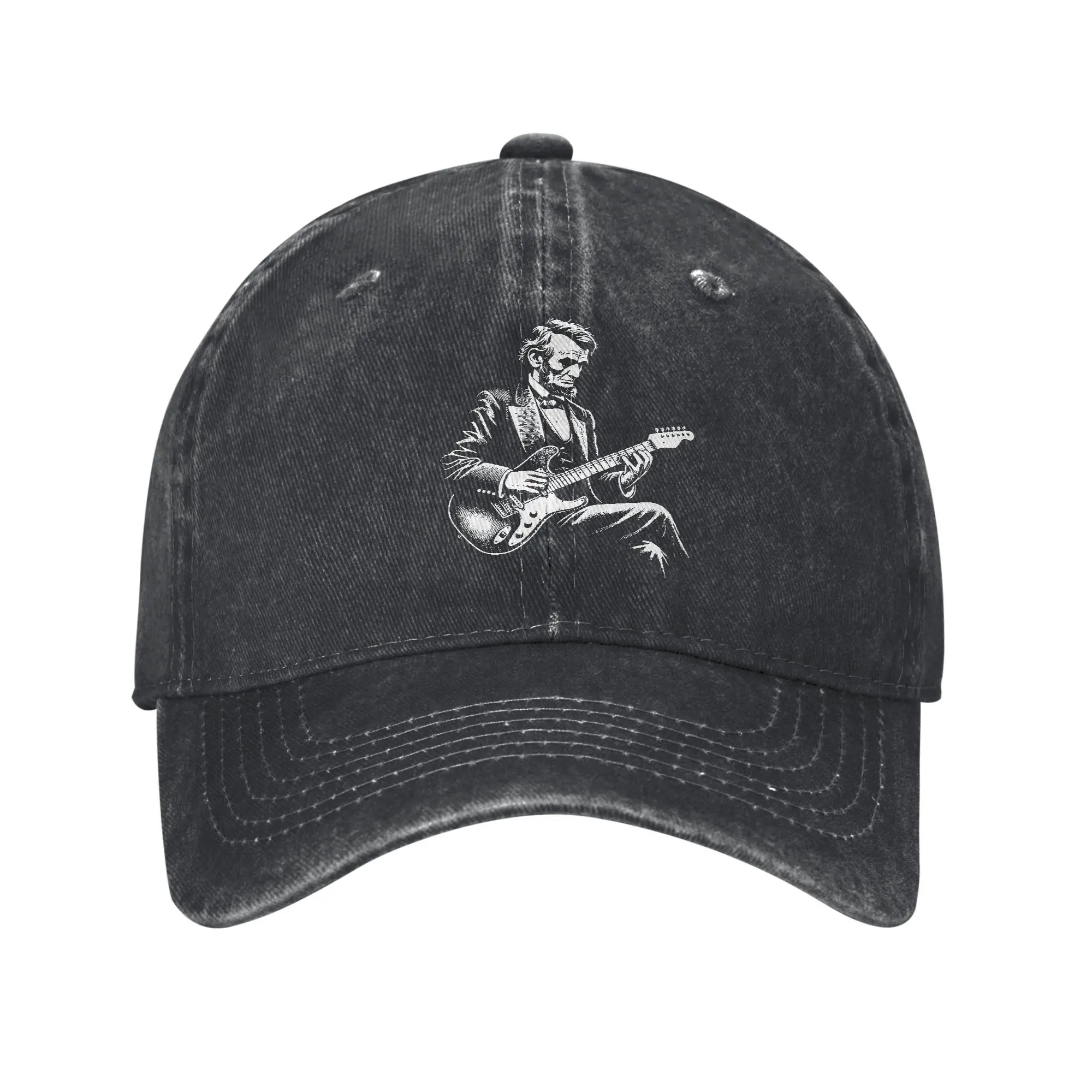 Abraham Lincoln Playing Electric Guitar Funny Baseball Caps Vintage Distressed Denim Snapback Hat Unisex Style Outdoor Gift Hats