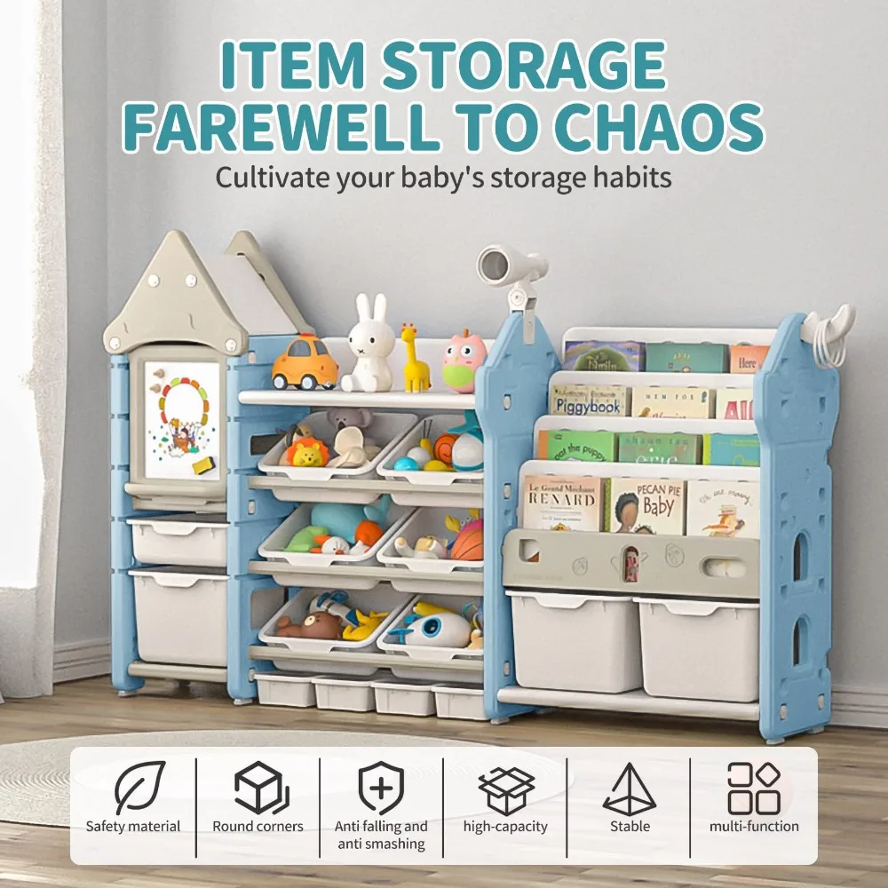 Kids Toy Storage Organizer and Children Bookshelf, with 14 Bins and Pull-Out Drawers, Multipurpose Shelf for Toddlers