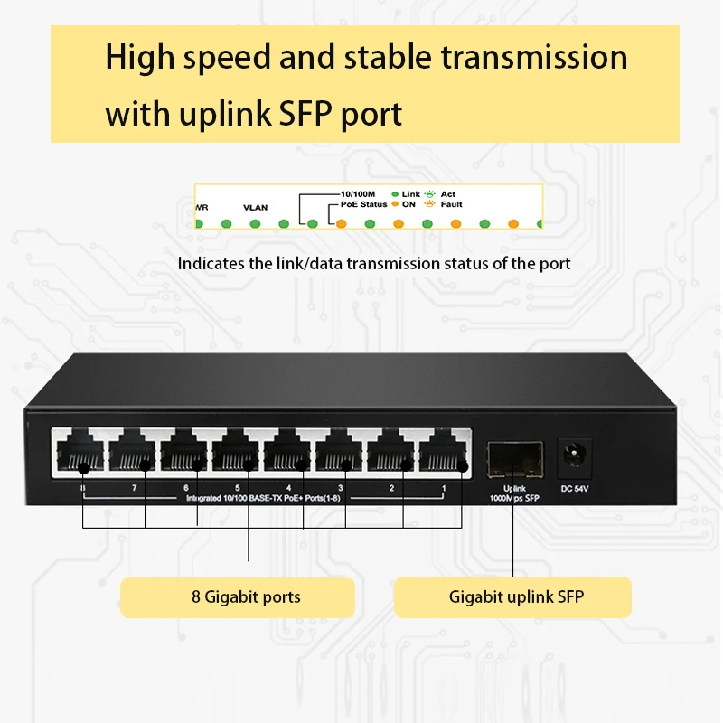 محول تقسيم الإنترنت جيجابت التبديل ، بو إيثرنت محول الشبكة الذكية ، 100Mbps ، 8-Port بالإضافة إلى الإرسال ، 1-Port SFP
