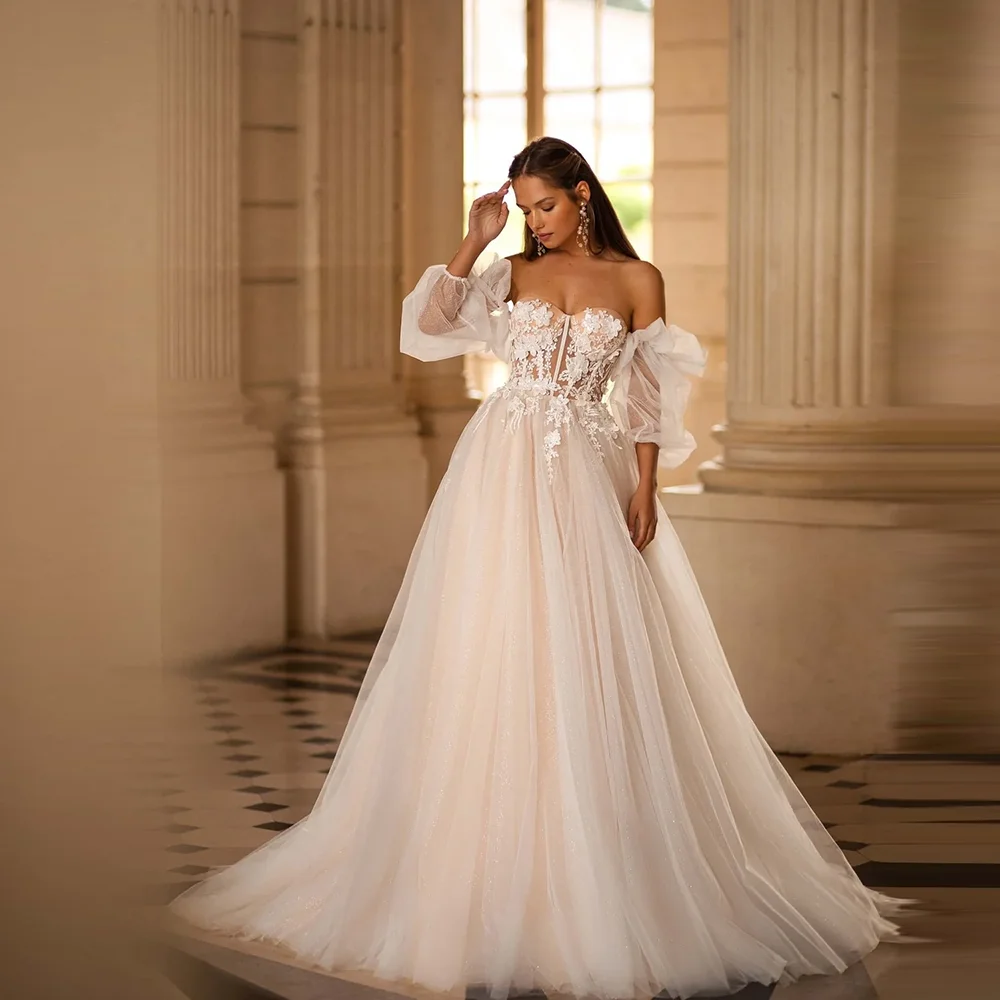 

Тюлевое кружевное свадебное платье с 3D аппликацией в форме сердца по индивидуальному заказу, свадебное платье со съемными рукавами и открытой спиной, Vestido De