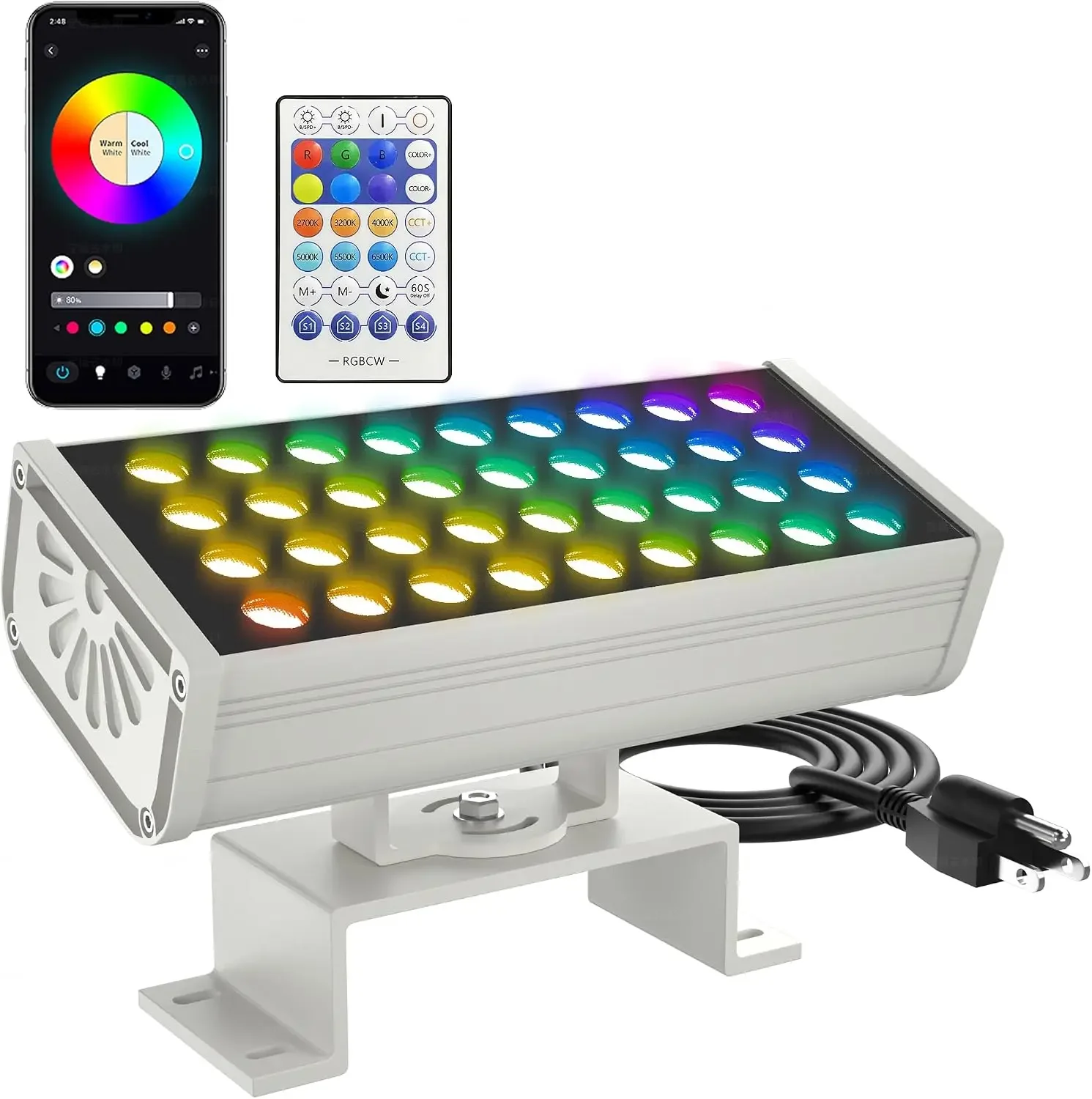 Smart Flood Light, Outdoor LED Light Bar, RGBCW Color Changing, 2700K-6500K Dimmable, IP65 Waterproof, App & Voice Control, Musi