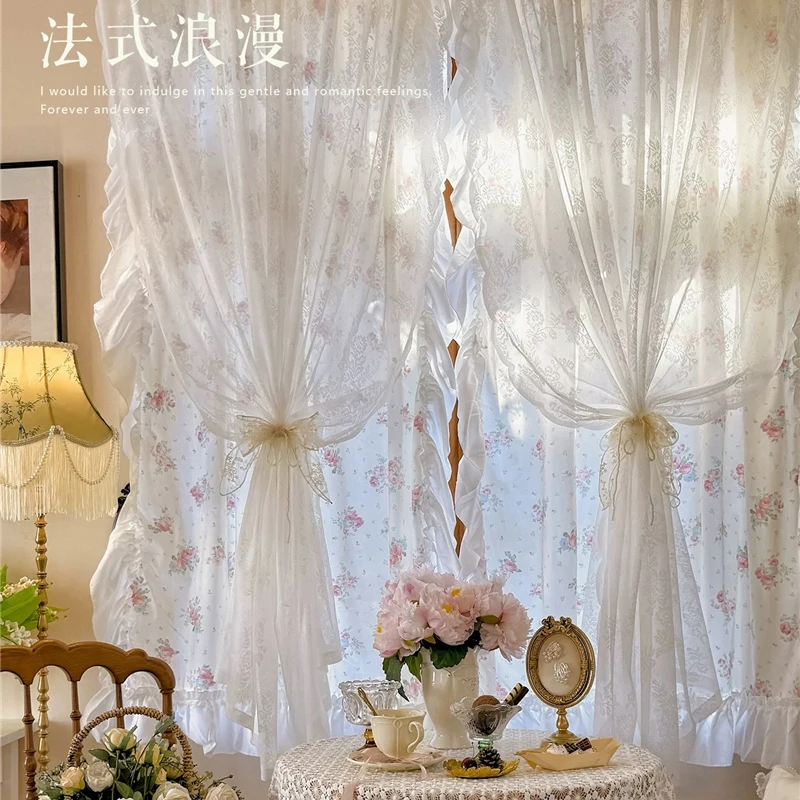 

Double Layered French Romantic Flowers Curtains Lace Warp Ruffled Tulle for Living Room Kitchen - Idyllic Floral Design #A679