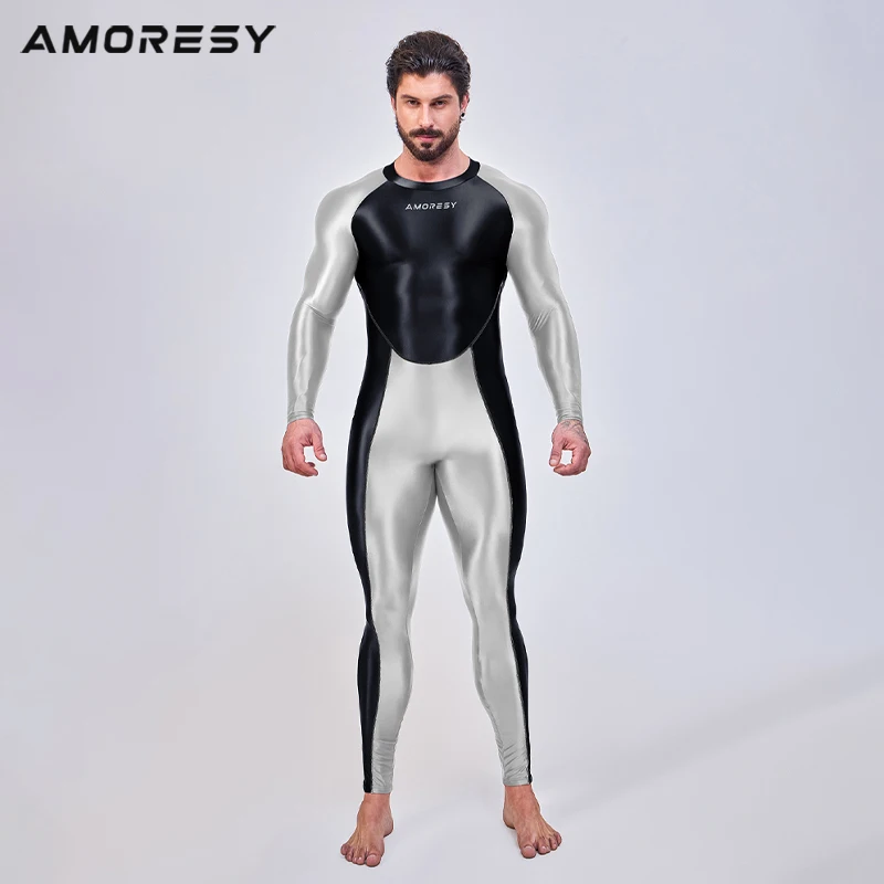 AMORESY Men Smooth Glossy Cycling Tights Leotards One Piece Jumpsuits Fitness Rompers Running Sports Tracksuits Overall Catsuits