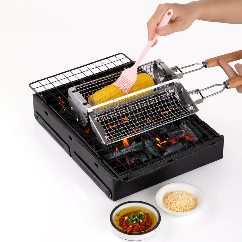 Rolling Grill Basket BBQ Mesh Tube Removable Wooden Handle Stainless Steel Round Mesh Cage Outdoor Camping Cooking Tools