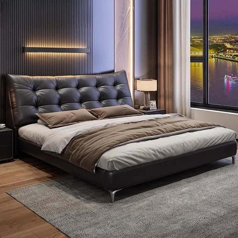 غرفة نوم جلدية إيطالية بسيطة وافل سوداء عتيقة بطول 1.8 متر طبقة علوية مزدوجة من جلد البقر #4