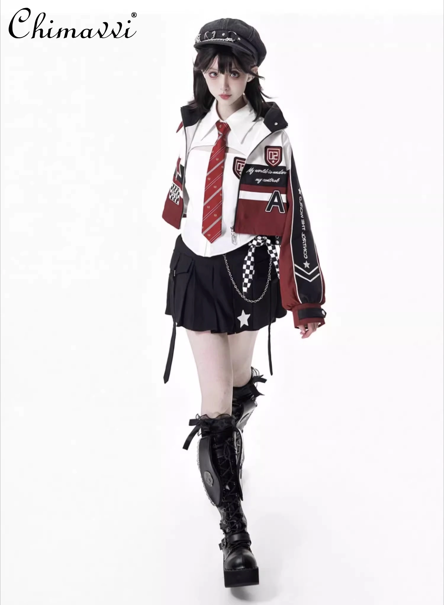 Japanese Sweet Cool Skirt Set Autumn New Fashion Long Sleeve Short Motorcycle Jacket Shirt Skirt Student Women's Outfits