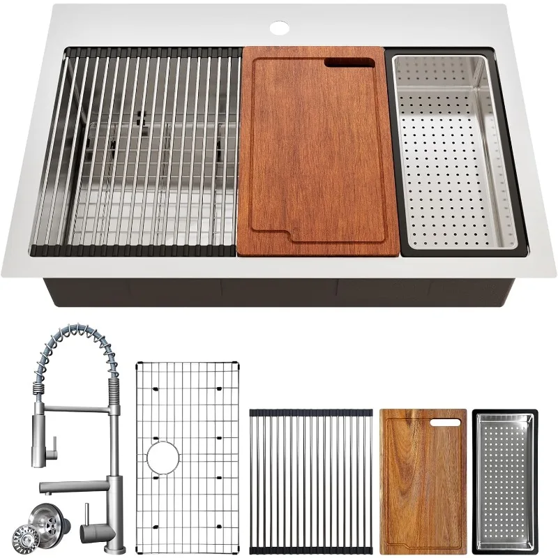 Workstation Kitchen Undermount Sink, TECASA 33 inch Drop-in Sink with Faucet Combo, Dual Mount Single Bowl Stainless Steel Sink