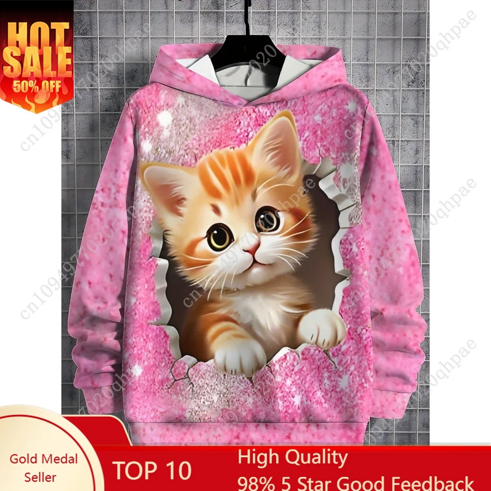 

Girl Sweatshirt Pink Gradient Hoodie Cute Cat Splicing Print Spring Autumn Soft Casual Pullover Long Sleeve Children's Clothing