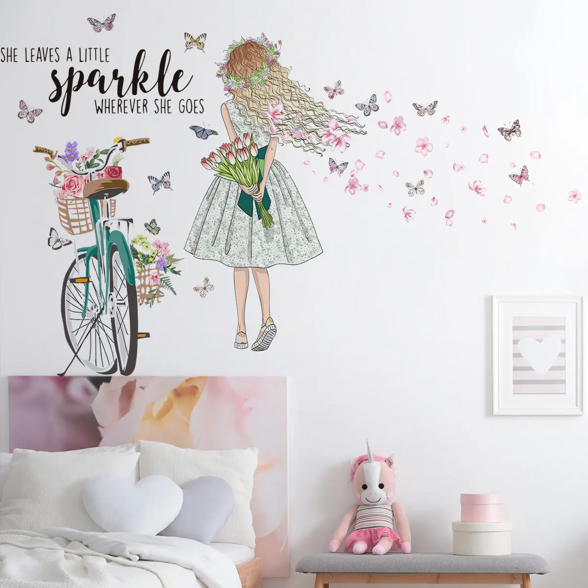 2pcs Bicycle Flower Girl English Cartoon Cute Wall Sticker Background Wall Living Room Bedroom Creative Mural Pvc Wall Sticker