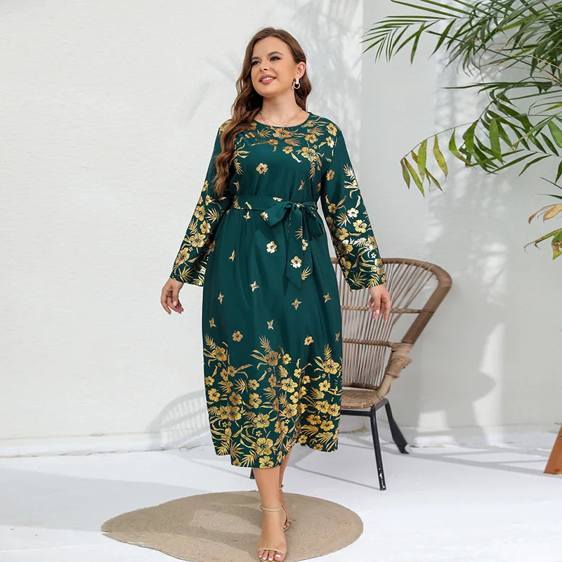

Cross-border ethnic style, Middle East, new autumn and winter, loose large-size bronzing printing long-sleeved fat mm long dress