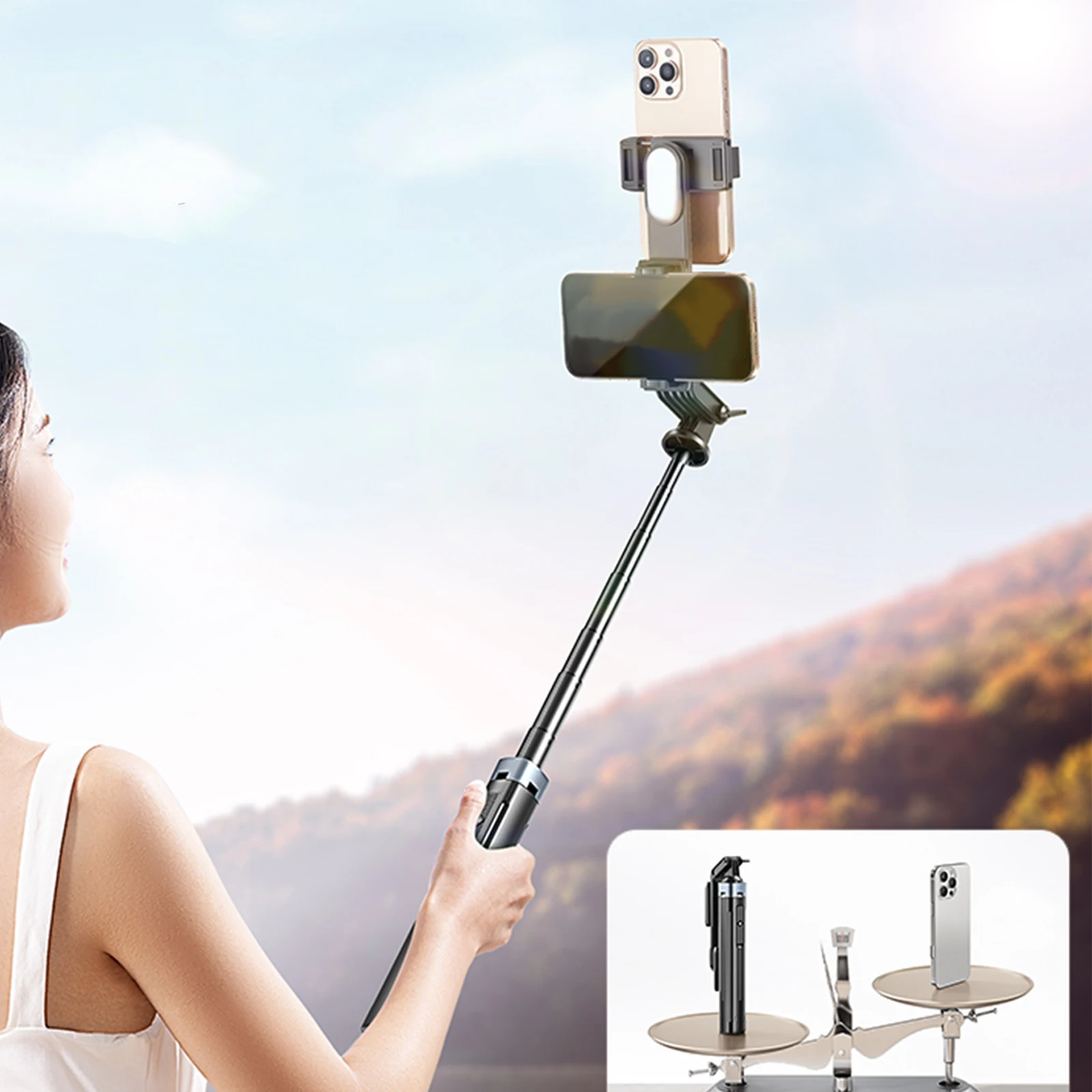 Uitschuifbare selfie stick met 360 draaibaar statief voor vlog_voghion.com