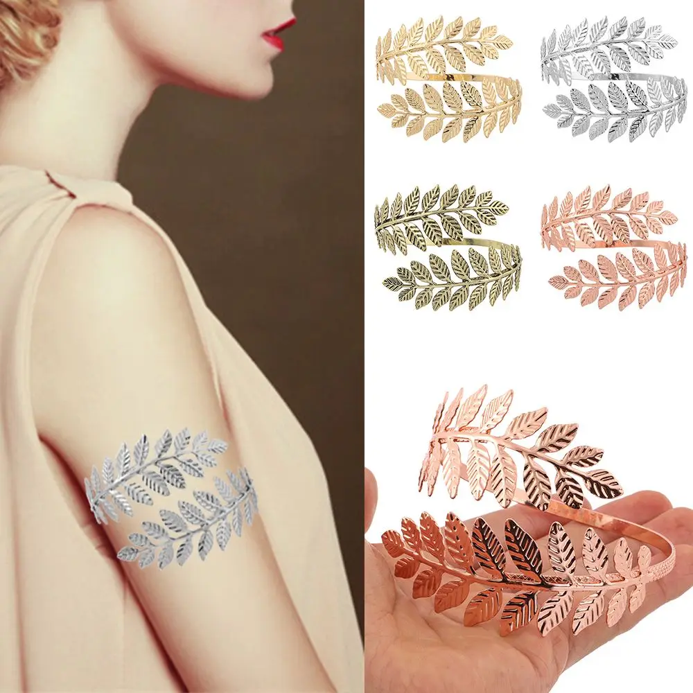 Temperament Round-Shape Bangle Metal Leaves Women Laurel Leaf Bracelet Bridal Decor Upper Arm Bracelet Arm Chain