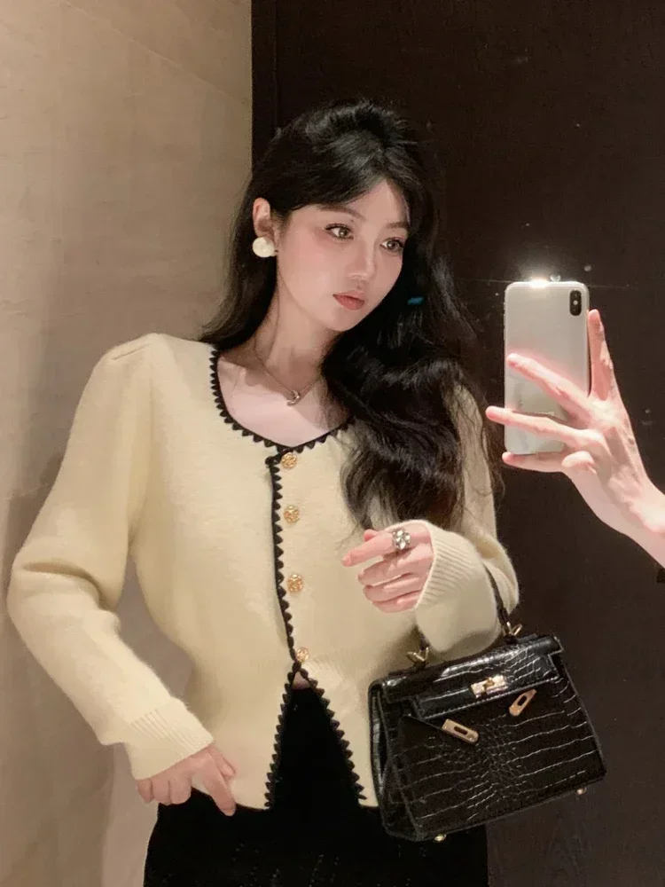 Ezgaga Elegant Knitted Cardigan Women Square Collar Long Sleeve Single Breasted Autumn Winter Outwear Sweater Female Chic