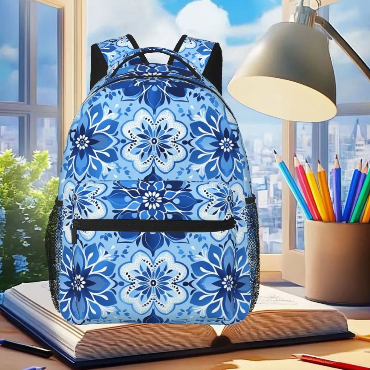 

Antique Blue Azulejo Tile Floral Backpack Student Boys Girls BookBag Children School Bag Laptop Shoulder Bags for Men Women