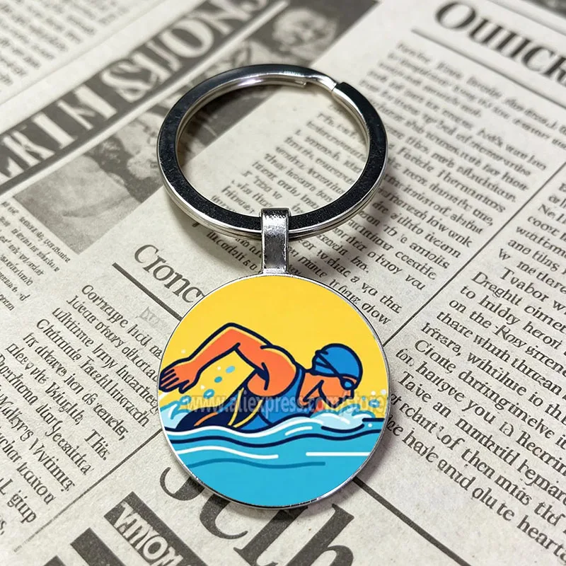 Popular Swimming Sports Glass Dome Keychain I Love Swimming Letter Decor Stylish Portable Ornament Accessory