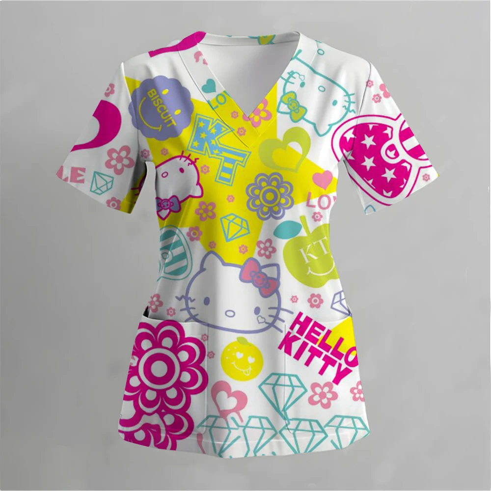 المرأة الكرتون مرحبا كيتي طباعة Kawaii ممرضة موحدة الدعك القمم قصيرة الأكمام جيب وزرة الزي الرسمي بلوزة التمريض الطبية