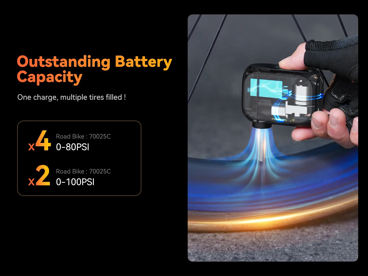 anoutway AT1 Pro Mini-Elektropumpe für Fahrräder, kabelloser Reifenfüller mit Bildschirm, 25 Minuten Schnellladung, 120 PSI, max. 450 mAh Akku – Detail 5