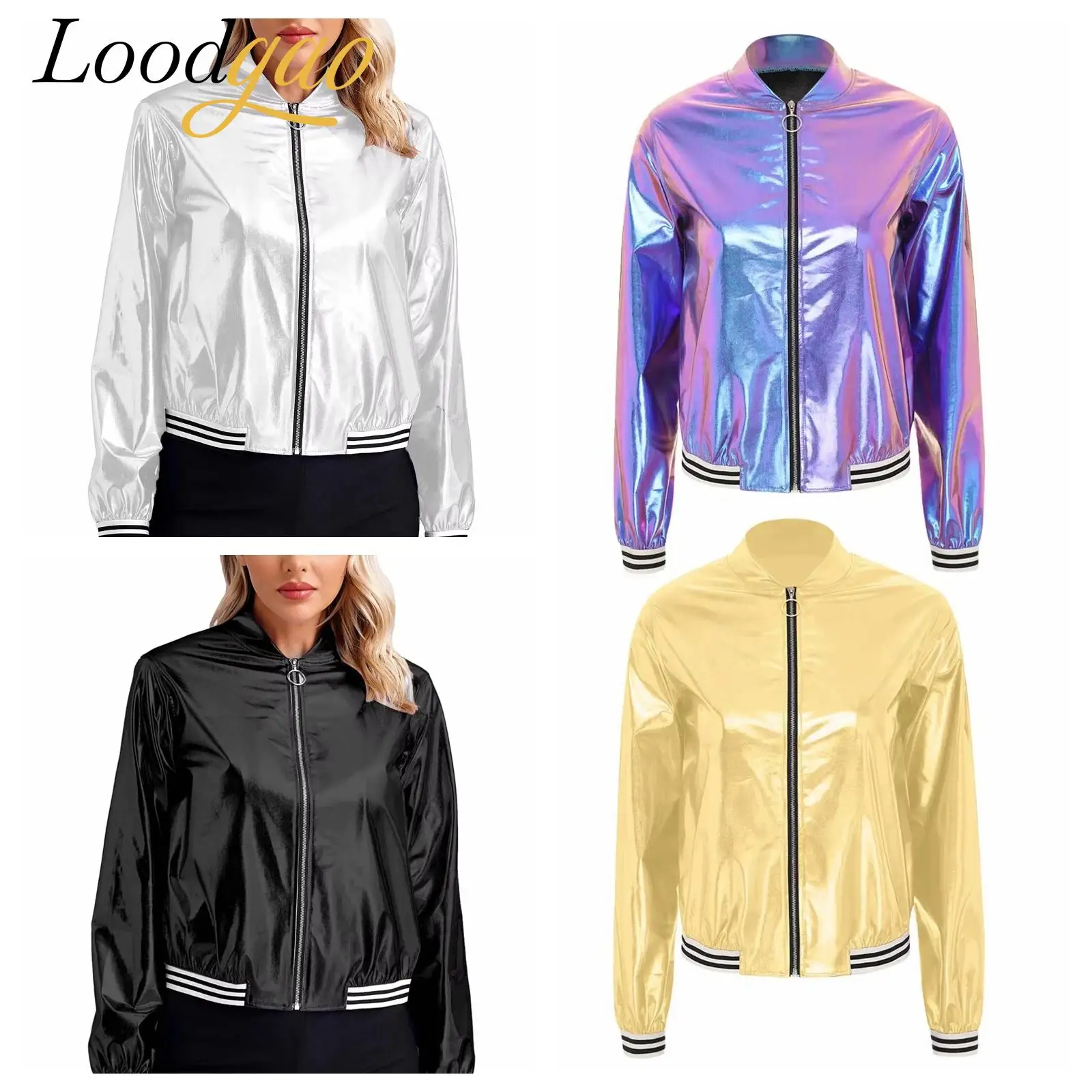 

Baseball Jackets Women Metallic Shiny Jacket Fashion Streetwear Long Sleeve Front Zipper Outerwear for Nightclub Disco Rave Coat
