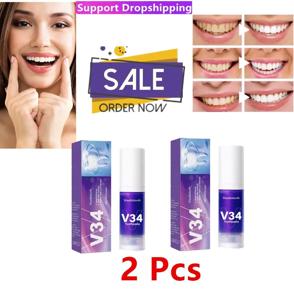 2PC V34 Smile Removal Plaque Stain Purple Corrector Teeth Whitening Toothpaste Enamel Care Easy Reduce Yellowing Oral Clean Care