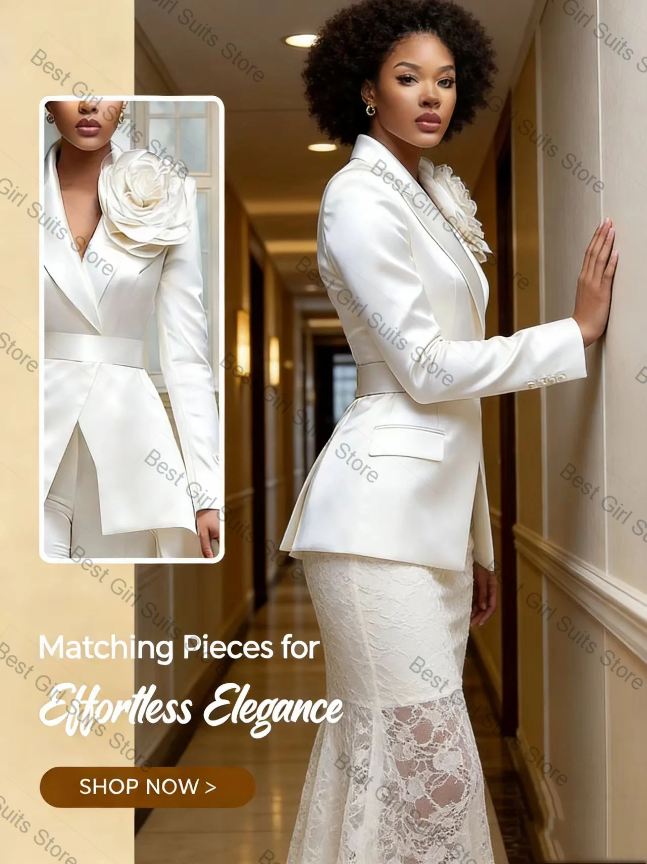 

White Satin Women Suit Set 2 Piece Blazer+Lace Prom Dress Spring Flower Formal Office Lady Jacket Customized Wedding Coat