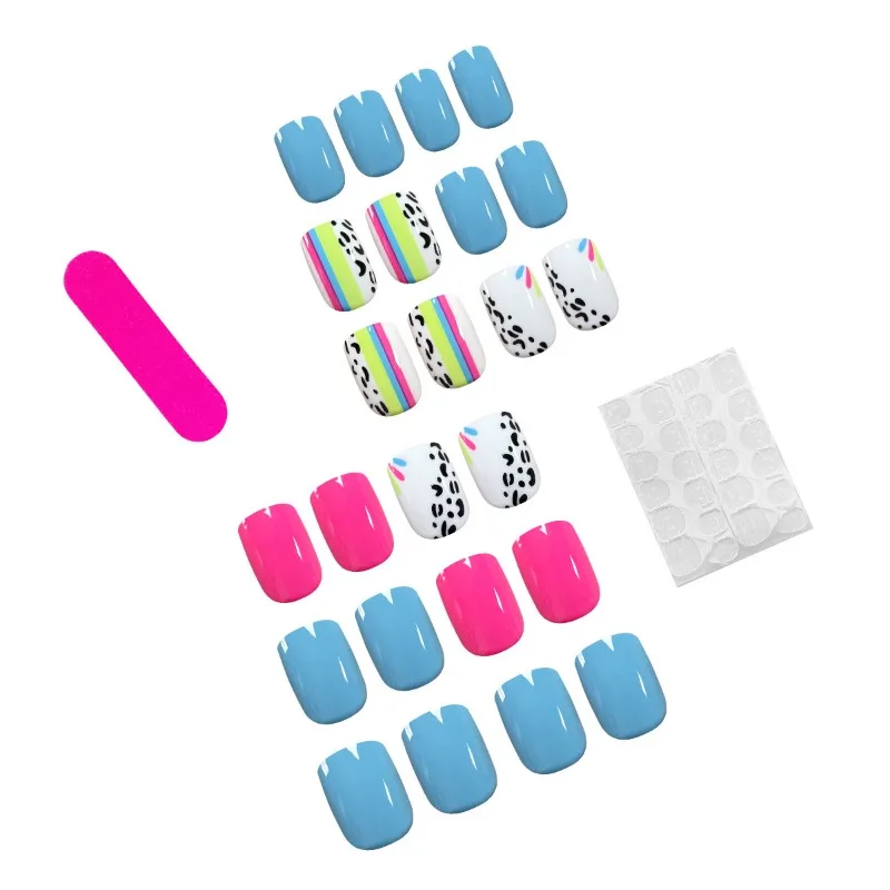 24pcs Colorful Personality Simple Sweet Cute Fake Nails Set Short Square Girls Acrylic Cheap Press on Nails with Glue False Nail