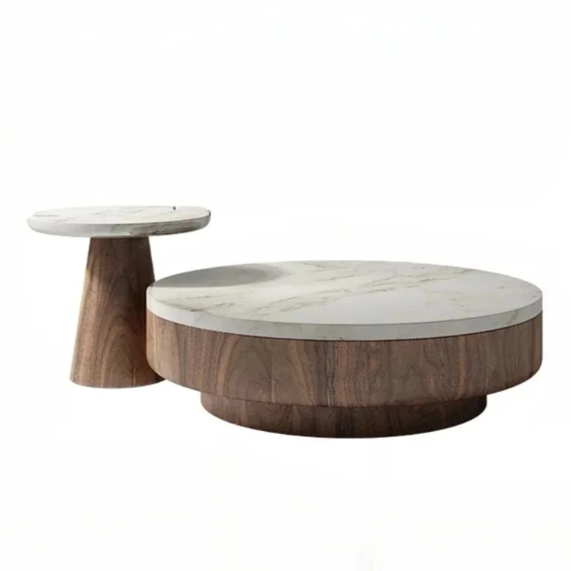 AA Marble Round Retro Coffee Table Combination Living Room Home Modern Simple Antique Walnut Color