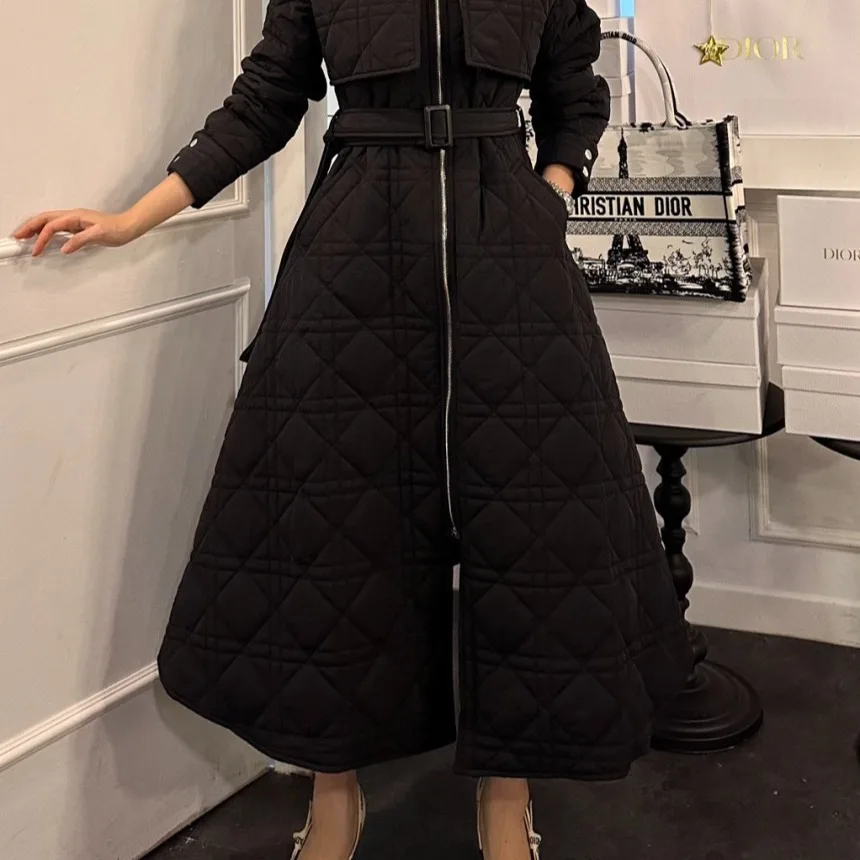 Korean Chic Long Oversized Cotton Jacket Women's Turn-down Collar Waist-cinching Quilted Knee-length Autumn Winter Outerwear