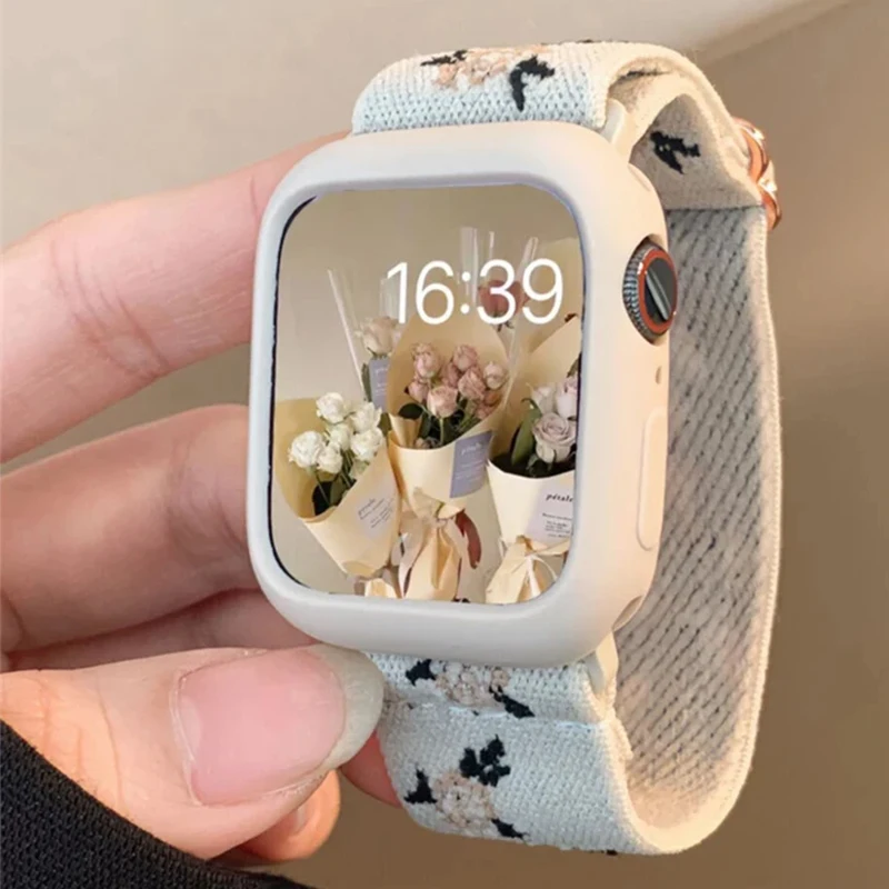 Retro Flower Strap+Case For Apple Watch Band 49mm 40mm 44mm 45mm 41mm 38 42mm Elastic Nylon Band For iWatch Serie 3 4 5 6 SE 7 8