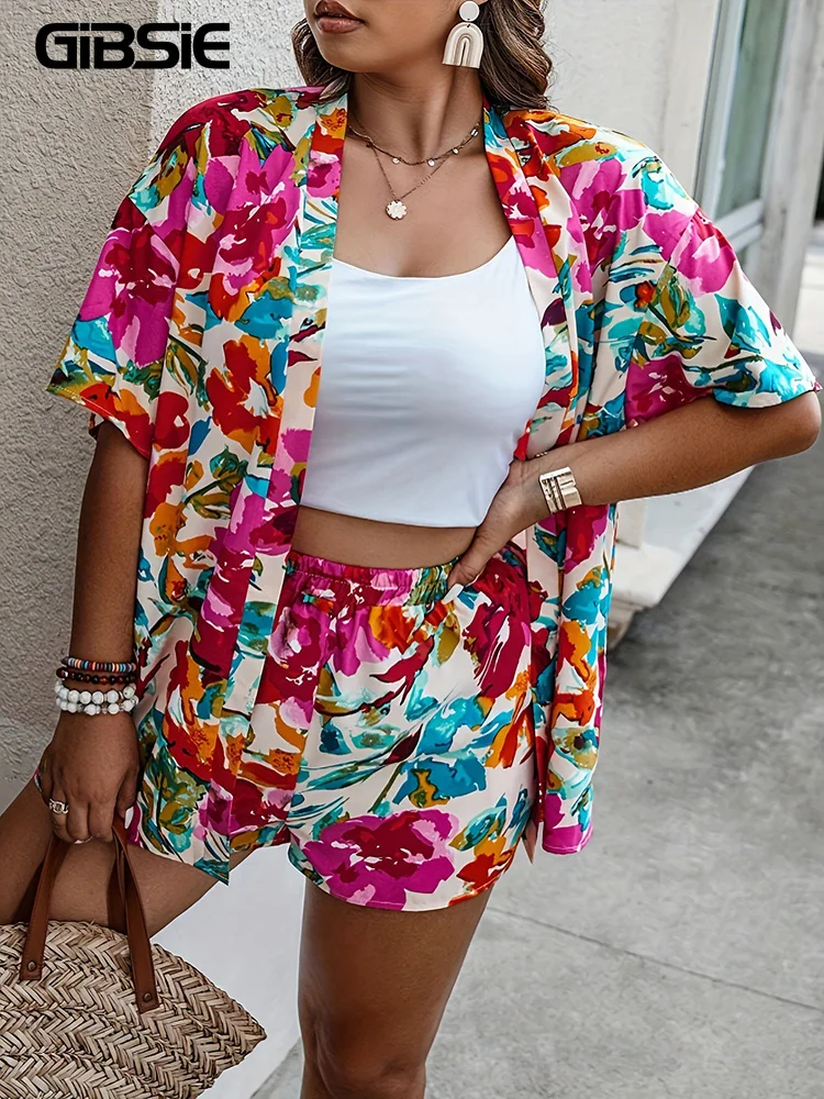 GIBSIE Plus Size Women 2 Piece Set Outfit Summer Vacation Beach Printed Shirts Blouses Female Boho Casual Elastic Waist Shorts