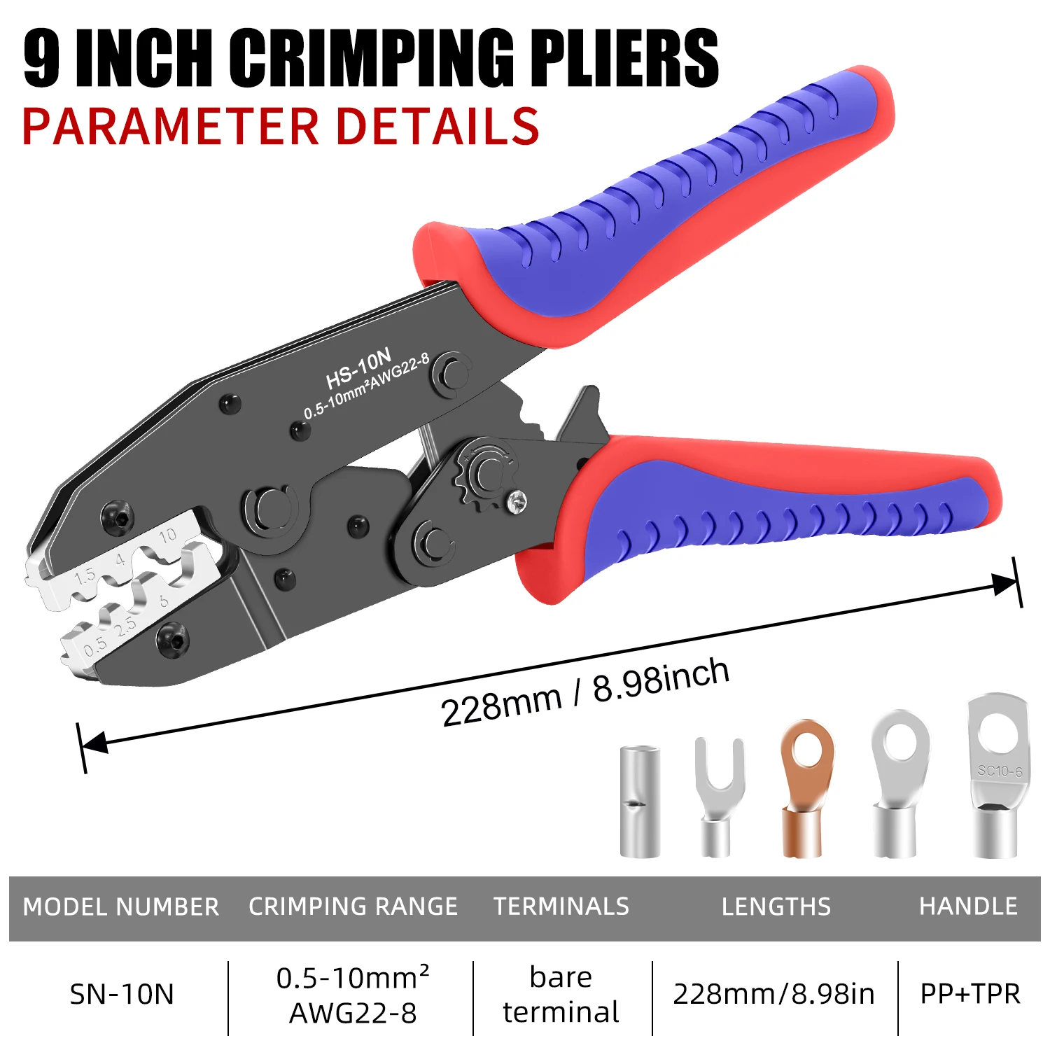 HS-10N Wire Crimping Plier C45/SC/UT/OT Bare Non-Insulated Terminals Ratchet Crimper AWG22-8 Hand Crimp Tool