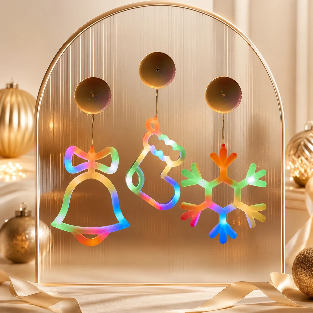 Christmas Hanging Window Lights Colorful LED Snowflake Bell Battery Operated Suction Cup Lamp for Bedroom Holiday Party Decor