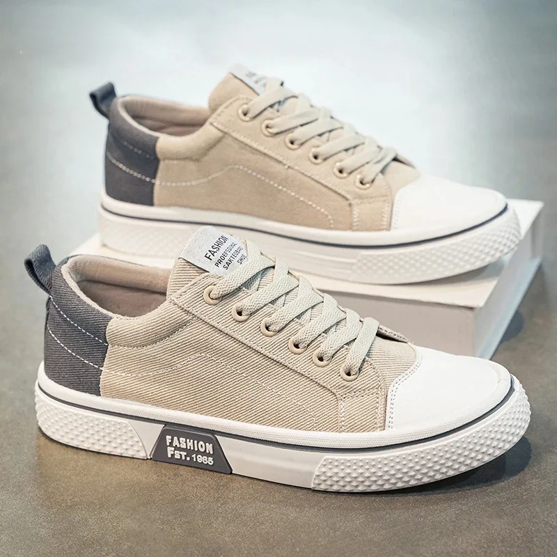 Men's Simple Color-Blocked Lace-Up Canvas Shoes Breathable Lightweight Casual Sneakers Students Fashion Sport Skate Shoes