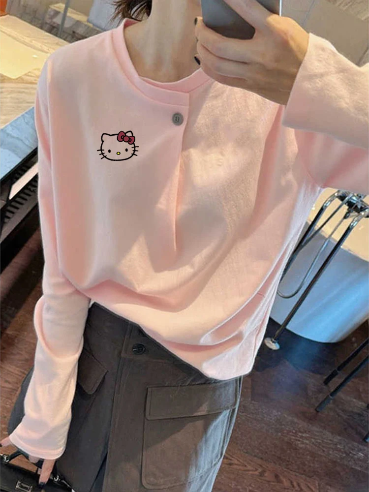 

Adorable Pink Kit Print Long Sve T-irt Women's Faionable Lazy Design High Waist Straight Cut Polyester Top