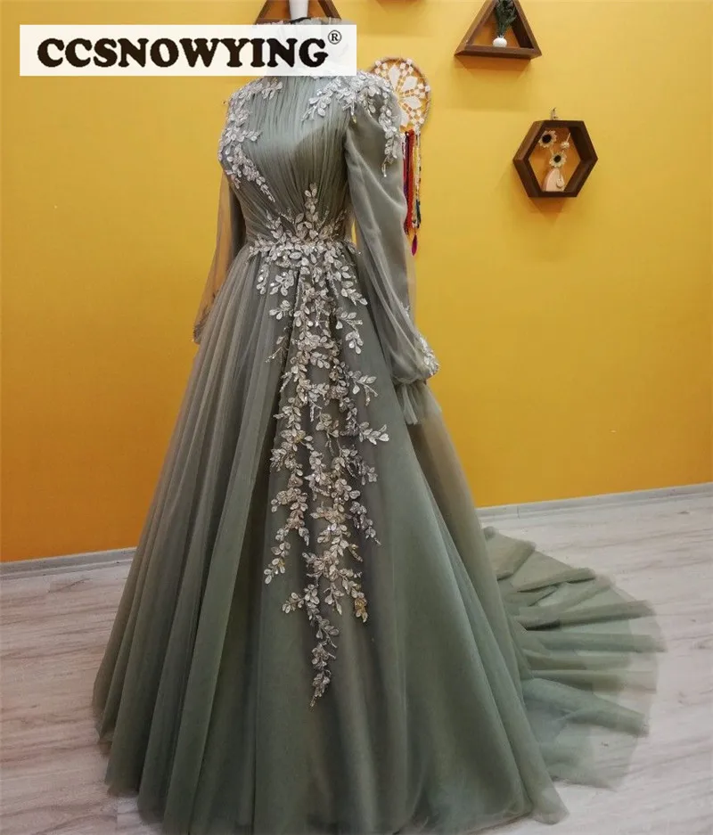 

Tulle Appliques Arabic Dubai Long Sleeve Muslim Evening Dress High Neck Prom Formal Party Gown Moroccan Caftan Robes De Soirée