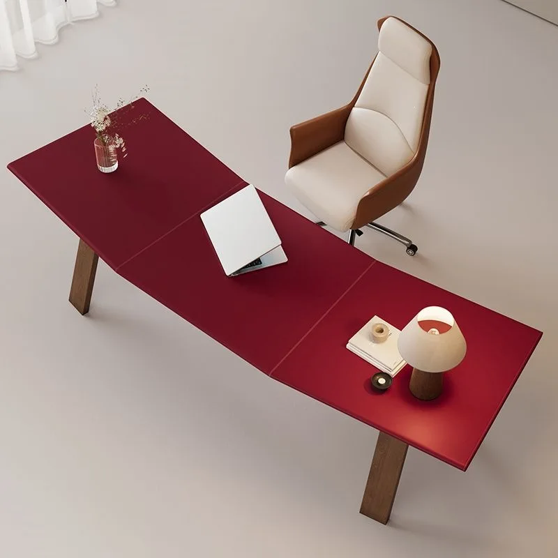 

Italian minimalist saddle leather solid wood office lady boss computer desk curved office workbench 2026 new